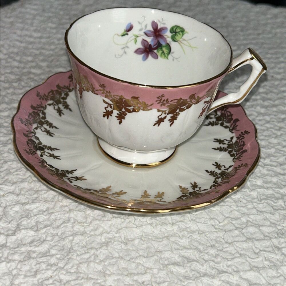 Vintage Aynsley Bone China Tea Cup Saucer Set  England Pink Gold Violet Flower